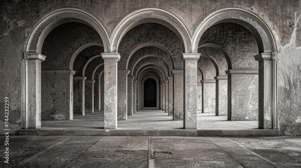 A monochromatic stone church stands in perfect symmetry, its arches and columns forming an elegant arcade against the outdoor landscape A monochromatic stone church stands in perfect symmetry, its arches and columns forming an elegant arcade against the outdoor landscape