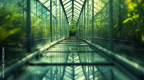 A breathtaking glass bridge connects two worlds, surrounded by a lush green oasis and reflecting the vibrant outdoor light, creating a mesmerizing fusion of nature and modern architecture