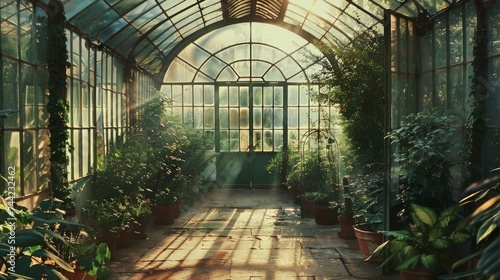 A charming greenhouse filled with potted plants basks in natural daylight  creating an inviting indoor garden oasis
