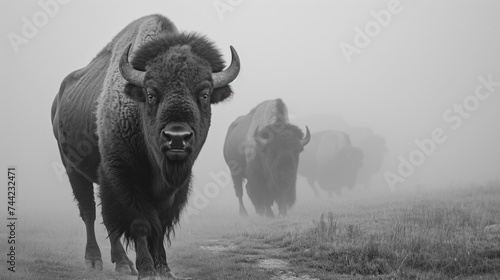 bison walking out of the mist greyscale. Generative Ai