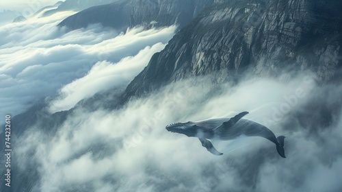 A majestic whale soars through the misty clouds, a symbol of freedom and grace amidst the rugged mountains and endless sky © ChaoticMind