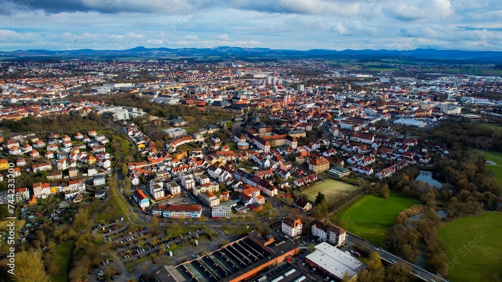 Drone aerial view of the city Fuld in Germany. The old town during a sunny day in late winter 