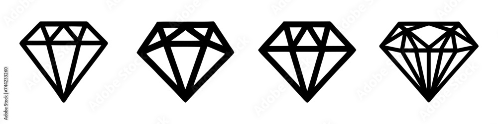 A set of diamonds in a flat style. Abstract black diamond collection icons. Linear outline sign. Vector icon logo design diamonds. - obrazy, fototapety, plakaty 