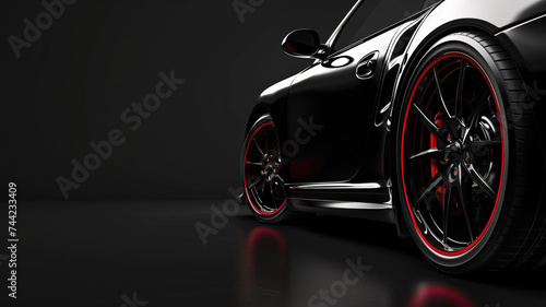Black sports car with red-accented wheels and brakes