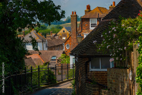 A beautiful cityscape in the old medieval town of Rye with brick townhouses