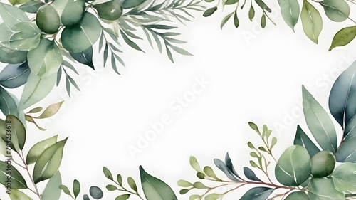 Watercolor greeting card with leaves. Background with floral elements , botanic watercolor illustration. Vintage Template. round frame