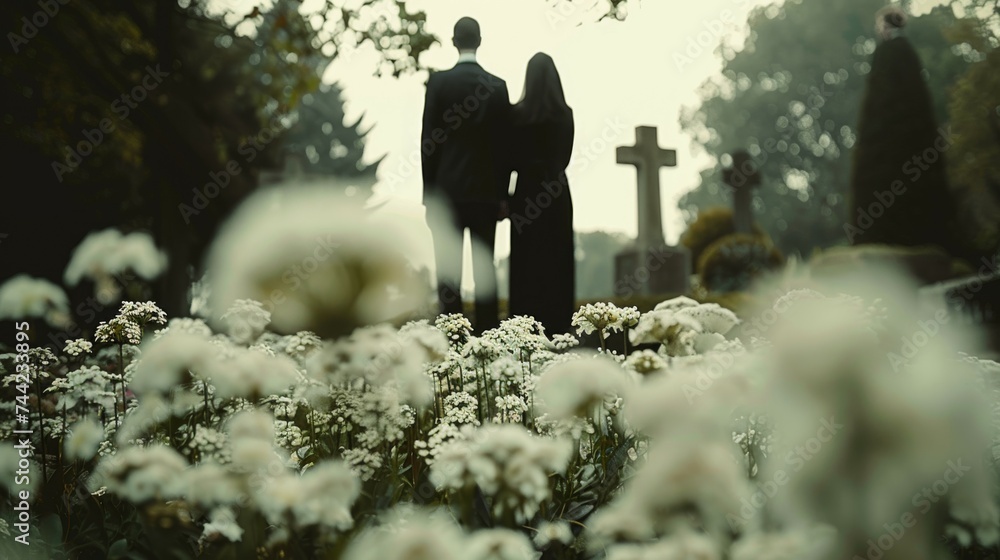 Farewell ceremony for the deceased, cemetery, tombstone, sad people in ...