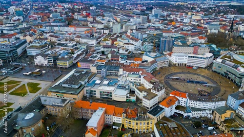 Fototapeta Naklejka Na Ścianę i Meble -  Drone aerial view of the city Kassel in Germany. The downtown during a sunny day in late winter 