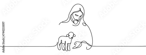 One continuous one drawn line art doodle of a spiritual Jesus Christ with the lamb .Isolated image of a hand-drawn outline on a white background.