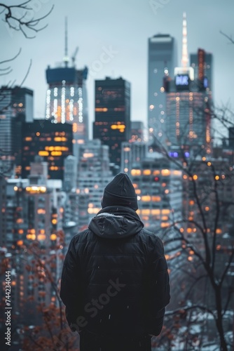 Solitary Man Contemplating Urban Twilight