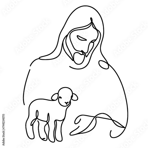 One continuous one drawn line art doodle of a spiritual Jesus Christ with the lamb .Isolated image of a hand-drawn outline on a white background.