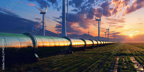 Green hydrogen production concept, alternative energy hydrogen pipeline with wind turbines in the background. Green hydrogen production concept.