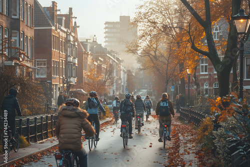 Cyclists travel a tree-lined city road strewn with fall leaves at dusk, showcasing active urban life