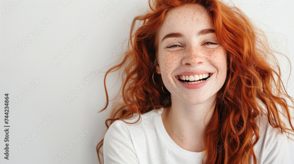 Naklejka premium Captivating Closeup of Joyful Young Woman with Gorgeous Wavy Red Hair, Freckles, and Stylish T-shirt, Radiating Happiness – Isolated on White Background