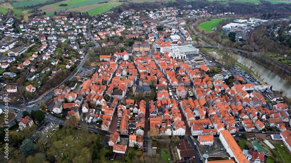 Aerial view of the old town of Melsungen in Hessen Germany on a sunny day in winter	
