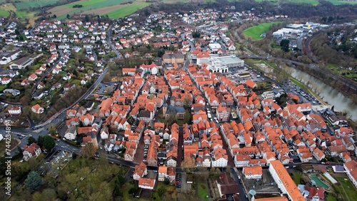Aerial view of the old town of Melsungen in Hessen Germany on a sunny day in winter 