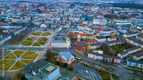 Drone aerial view of the city Kassel in Germany. The downtown during a sunny day in late winter