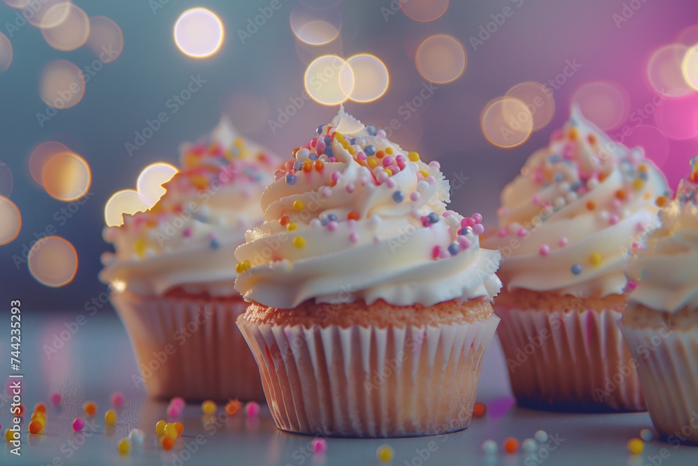 Tasty cupcakes topped with sprinkles against a bokeh background Tasty cupcakes topped with sprinkles against a bokeh background