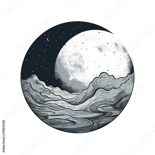 Vector of water waves near full moon isolated on white background
