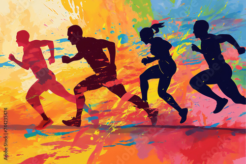 Male and female athlete runners doing a training exercise for a sports race event by jogging and running shown in a contemporary athletic abstract design, stock illustration image