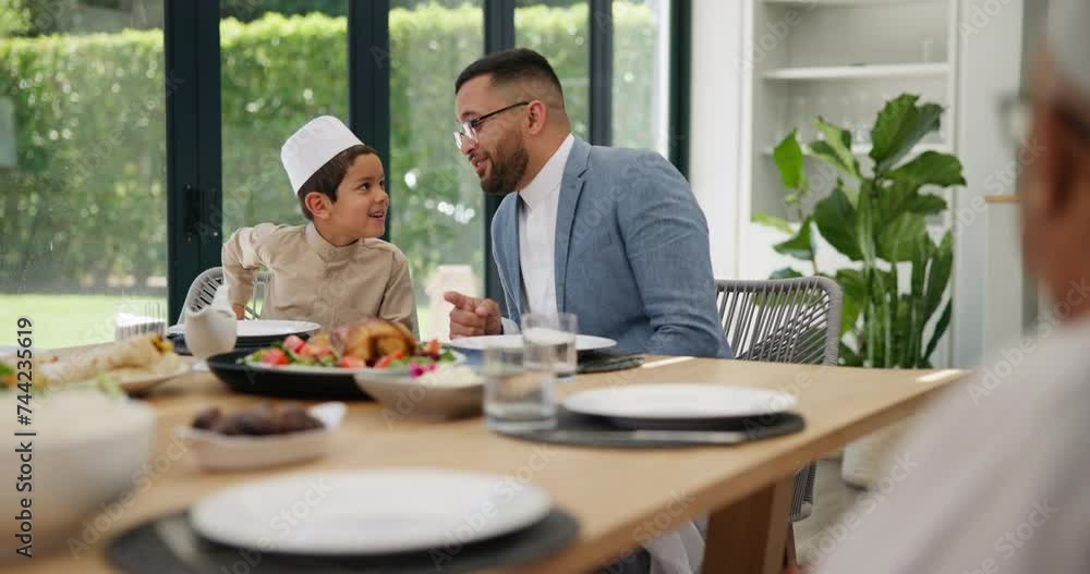 Family, child and food for eid al fitr celebration, Muslim people at dinner table together eating and talking. Islam, men and boy at Iftar with happy dad, son and culture festival of Ramadan in home Family, child and food for eid al fitr celebration, Muslim people at dinner table together eating and talking. Islam, men and boy at Iftar with happy dad, son and culture festival of Ramadan in home