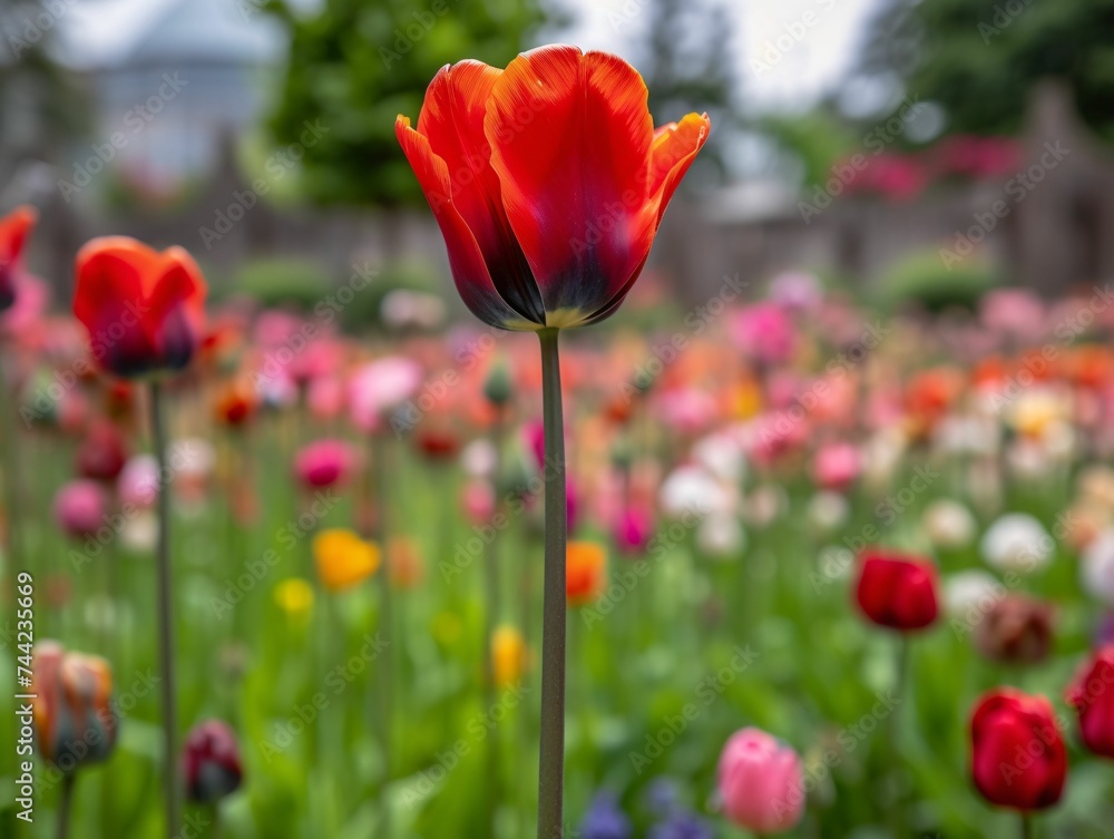 Close up shot of a single tulip standing tall against a backdrop of wildflowers in a field Close up shot of a single tulip standing tall against a backdrop of wildflowers in a field