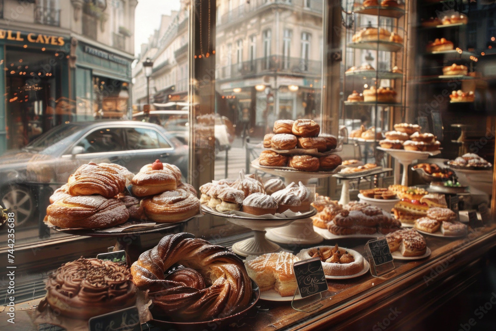 A cozy bakery showcases an array of pastries and breads.