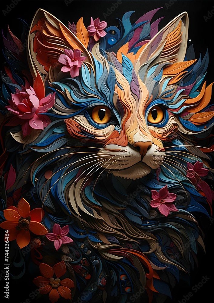 Vibrant psychedelic painting of a cat with bright eyes and a head