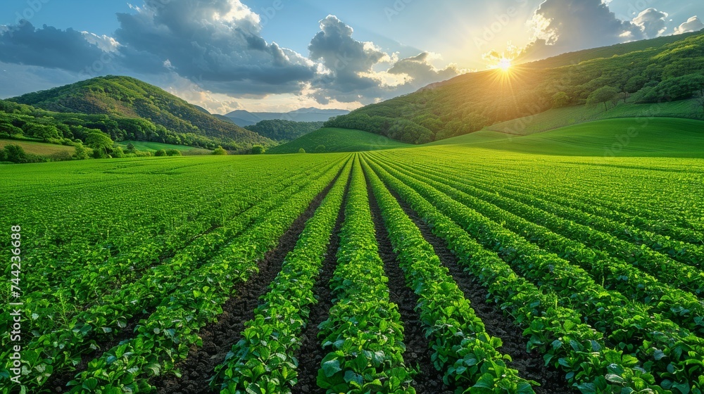 Plantation, green farm fresh vegetables, sprout, bed, sunset and nature background