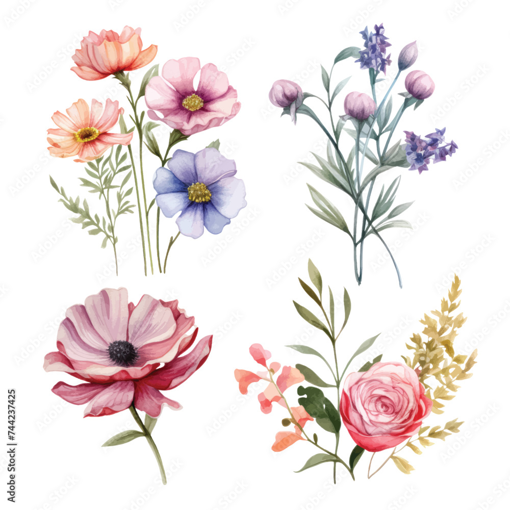 Vector of a vibrant watercolor painting of a bouquet of colorful flowers on a white background