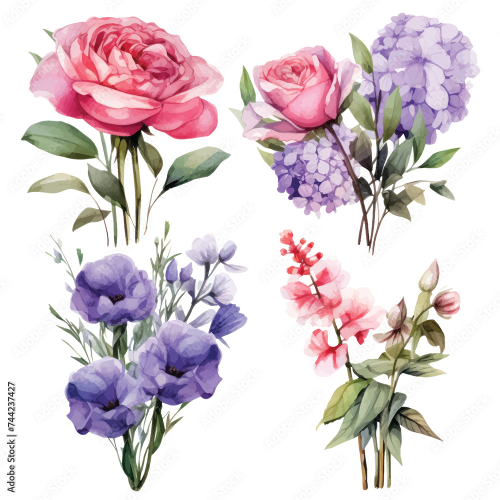 Fototapeta premium Vector of a vibrant watercolor painting of a bouquet of colorful flowers on a white background