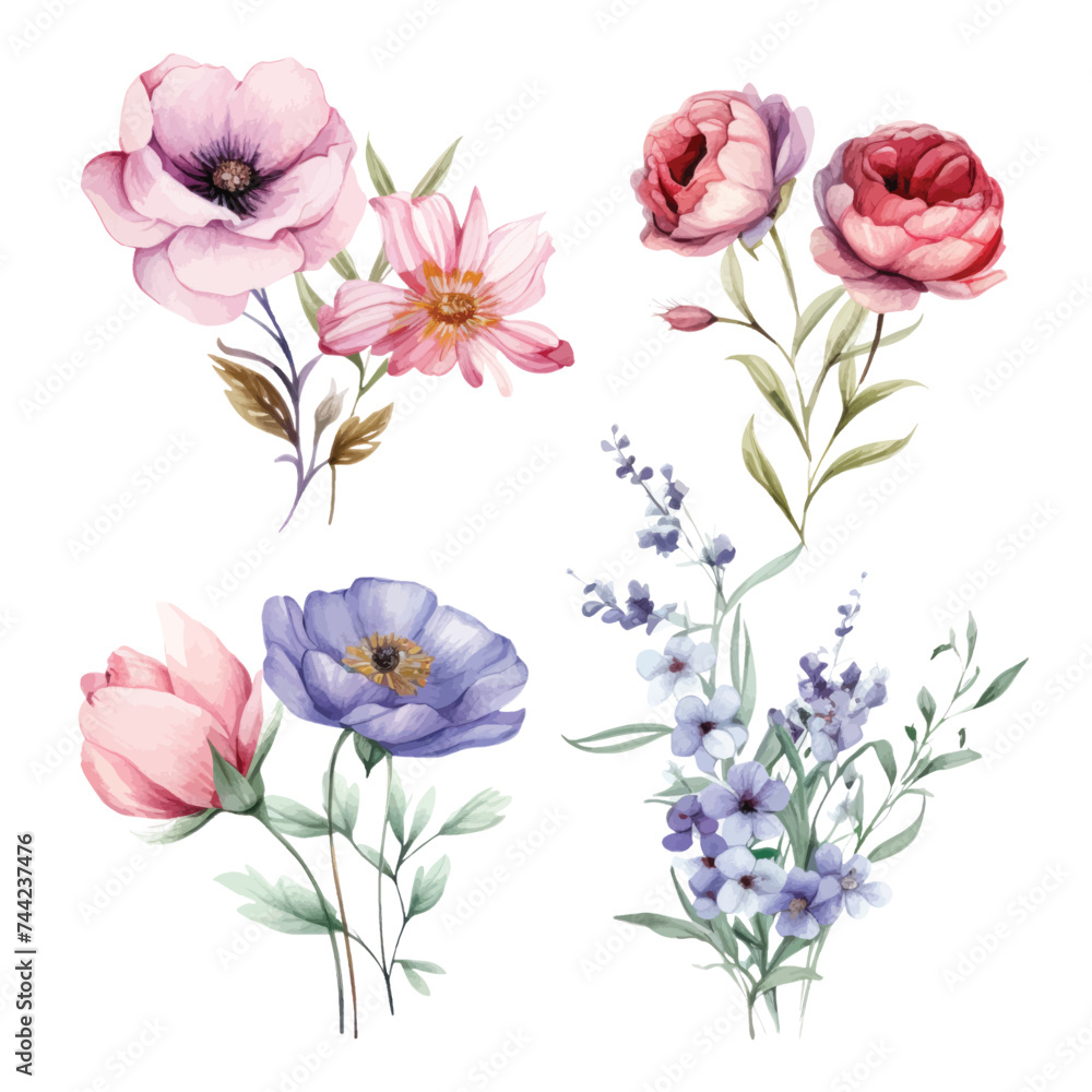 Vector of a vibrant watercolor painting of a bouquet of colorful flowers on a white background