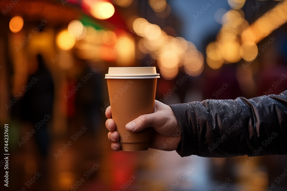 A person savoring a coffee cup while standing in front of a vibrant city street scene. A person savoring a coffee cup while standing in front of a vibrant city street scene.