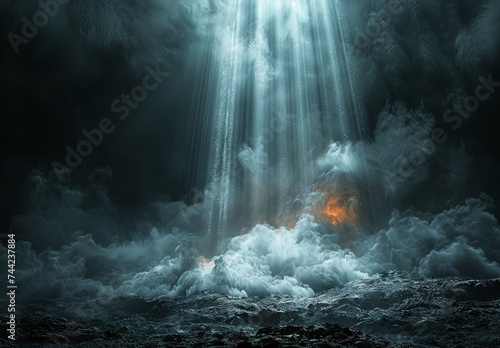 an image showing a dark light beam in a dark background, in the style of dusty piles, black and gray, stage-like environments, made of mist, hyperrealistic rendering. Generative AI photo