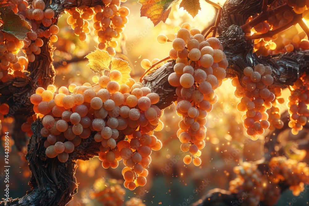 Ripe grape clusters hanging from a tree on a sunny day. - obrazy, fototapety, plakaty 