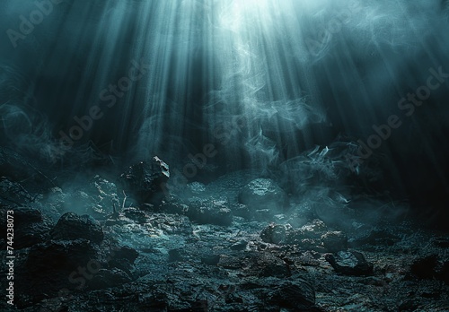 an image showing a dark light beam in a dark background  in the style of dusty piles  black and gray  stage-like environments  made of mist  hyperrealistic rendering. Generative AI