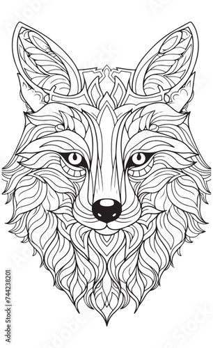 An ethnic line art of a wolf head on a white background