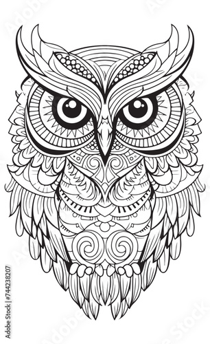 An ethnic line art of an owl head on a white background