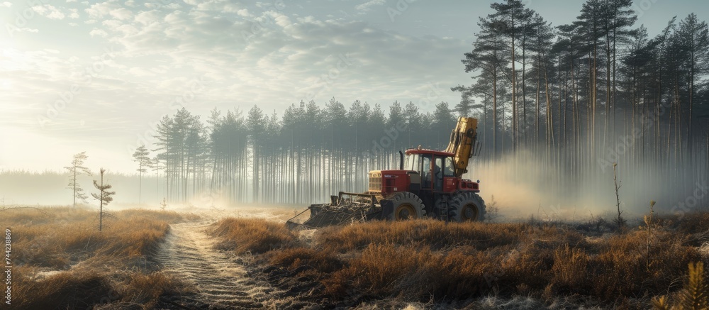 Obraz na płótnie A wheeled harvester clearing a pine plantation forest by cutting trees while driving down a dirt road. w salonie