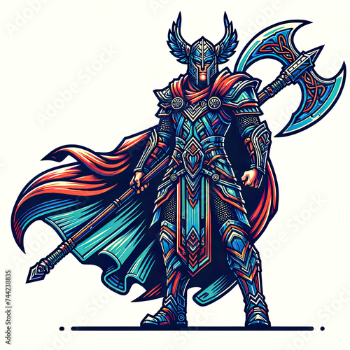 warrior valkyrie full armor with weapon axe battle stance illustration graphic