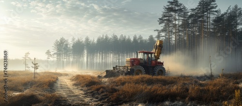 A wheeled harvester clearing a pine plantation forest by cutting trees while driving down a dirt road.