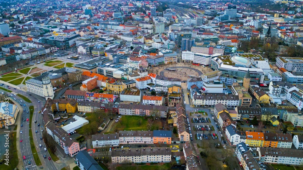 Aerial view around the downtown area of the city Kassel in Hessen, Germany on a cloudy day in late winter