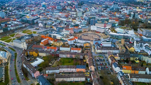 Aerial view around the downtown area of the city Kassel in Hessen, Germany on a cloudy day in late winter