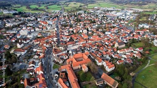 Aerial view around the old town of Schluchtern on a sunny day in fall