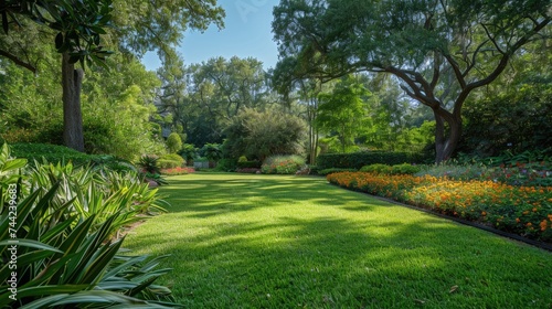 landscape garden design with green manicured lawn, beautiful flower beds and path at park.