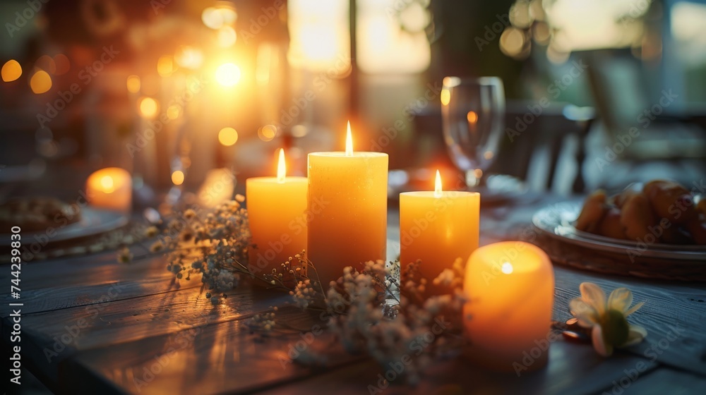 Long wooden dining table set with candles, fine dinnerware and delicious food. Beautiful romantic date concept, outside dining tablescape. Generative ai.