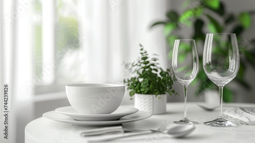 Elegant white dining table setup, blurry white background with copy space, depth of field, with green plants, wine glasses and white ceramic dinnerware, trending, minimalism concept. Generative ai © Iuliia Metkalova