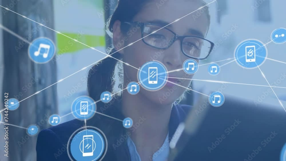 Animation of network of connections with music icons over biracial woman with tablet Animation of network of connections with music icons over biracial woman with tablet