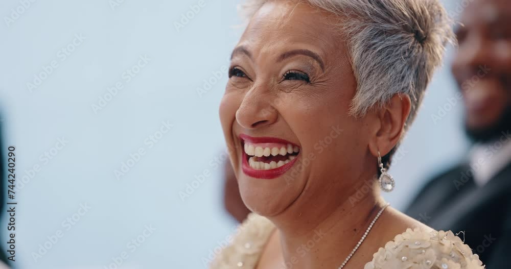 Senior woman, laughing with applause and support at event, praise and respect with celebration. Excited, congratulations and happiness at social gathering or gala, face with pride and cheers at party Senior woman, laughing with applause and support at event, praise and respect with celebration. Excited, congratulations and happiness at social gathering or gala, face with pride and cheers at party