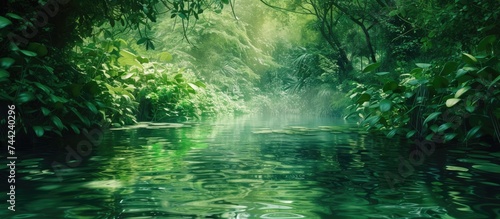 This captivating painting depicts a river flowing through a lush green oasis, showcasing the harmonious interaction between water, oxygen, and chlorophyll, creating a symphony of life-giving elements.